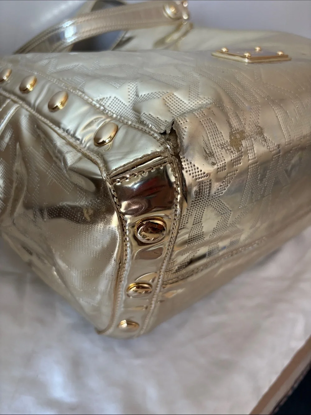 Michael Kors Shiny Metallic Gold Logo-Embossed Tote